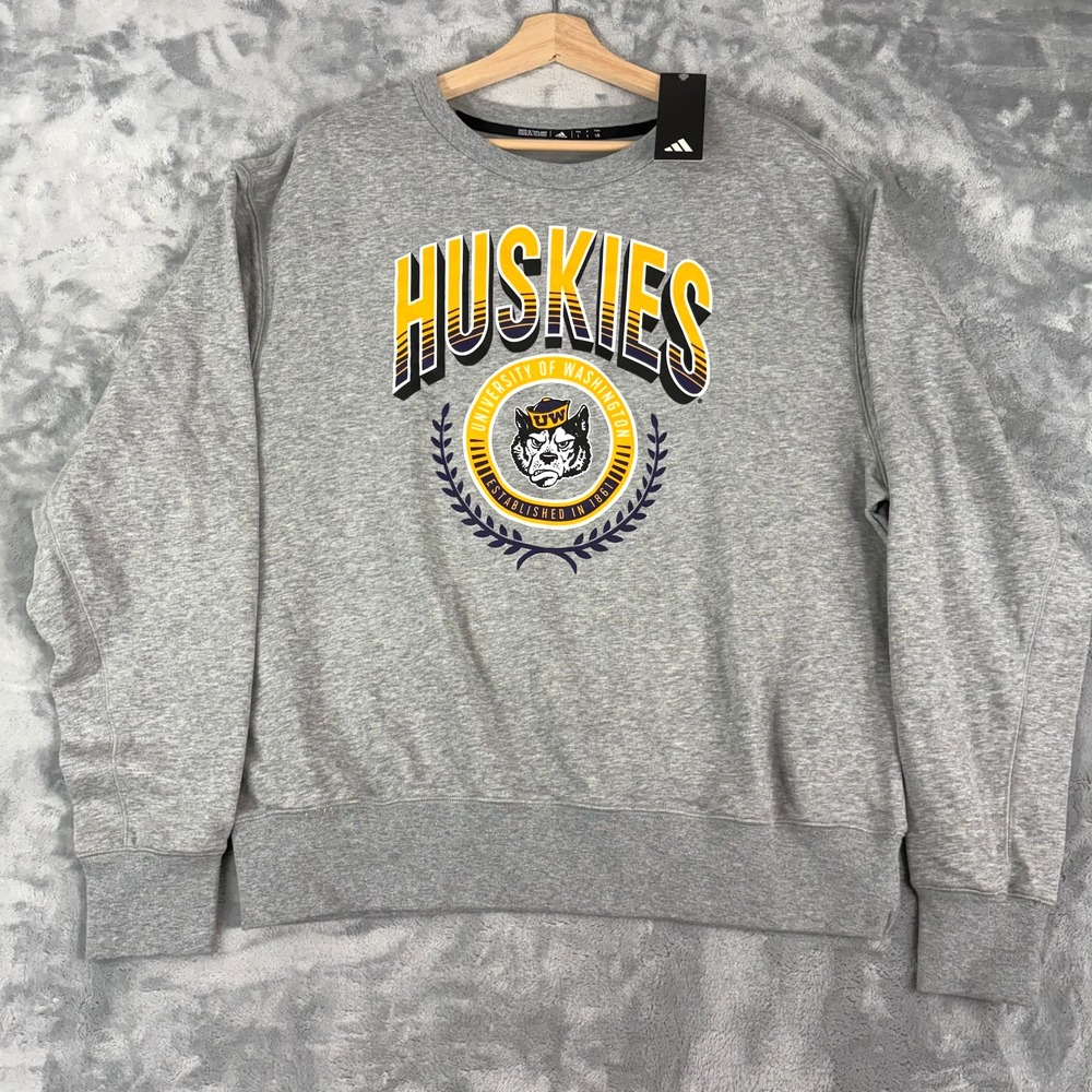 Washington Huskies Sweatshirt Mens Large Adidas Crewneck Throwback Logo Gray NWT